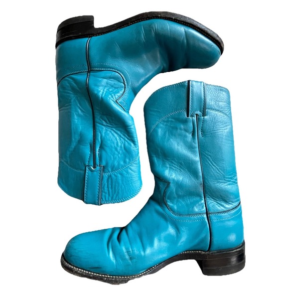 VTG Justin Roper Boots Womens 6B Leather Cowboy Teal Turquoise Western USA - Picture 2 of 8